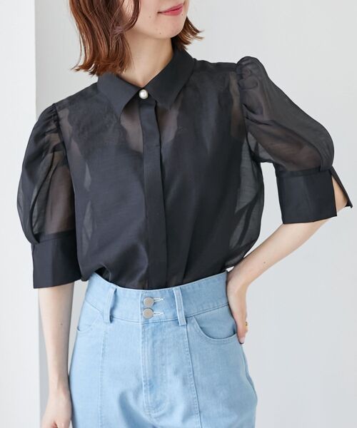 MAJESTIC LEGON（マジェスティックレゴン）の「シアーパフ袖シャツブラウス（シャツ/ブラウス・レディース・オフホワイト/ライトグレー/ピンクベージュ/ブラック・MEDIUM）」の13枚目の写真