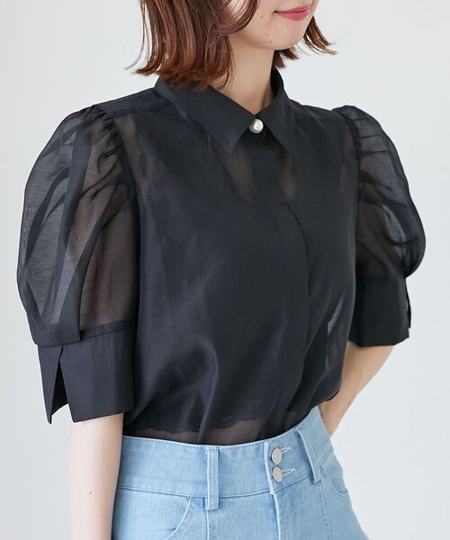 MAJESTIC LEGON（マジェスティックレゴン）の「シアーパフ袖シャツブラウス（シャツ/ブラウス・レディース・オフホワイト/ライトグレー/ピンクベージュ/ブラック・MEDIUM）」の12枚目の写真