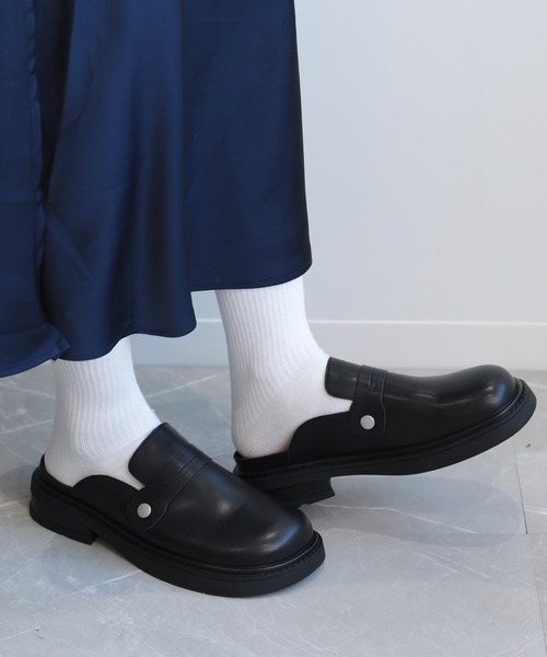 グレー レザー ドレスシューズ 厚底 セール】【shoes365】厚底スリッパ風レザーシューズ（ドレスシューズ