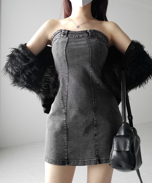 me+em select（ミームセレクト）の「【 ２color 】ウォッシュデニムベアミニワンピース ／ wash denim bear mini onepiece（ワンピース・レディース・ブラック/ブルー・SMALL/MEDIUM）」の4枚目の写真