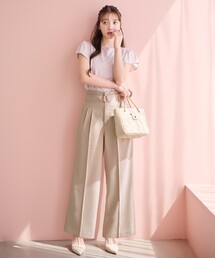 ◆ベルト付ツイルワイドストレートパンツ【洗濯機洗い可】