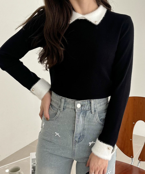 Ada.(エイダ)の「シンプルなのに上品格上げ◎ 異素材使い 配色 カフス ニット(ニット/セーター・レディース・ネイビー/ブラック/アイボリー・S/M)」の6枚目の写真