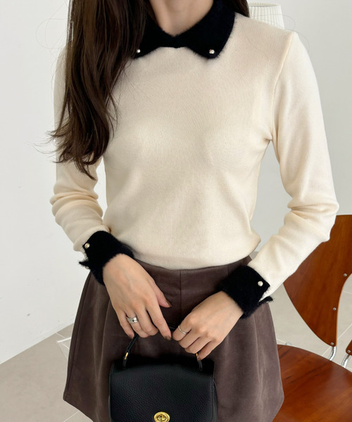 Ada.(エイダ)の「シンプルなのに上品格上げ◎ 異素材使い 配色 カフス ニット(ニット/セーター・レディース・ネイビー/ブラック/アイボリー・S/M)」の20枚目の写真