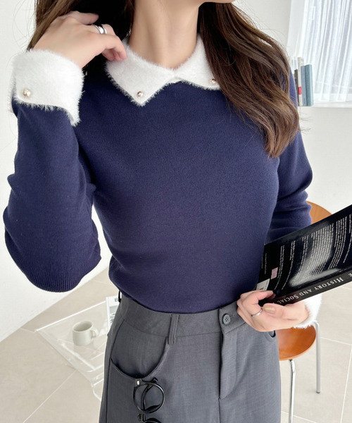 Ada.(エイダ)の「シンプルなのに上品格上げ◎ 異素材使い 配色 カフス ニット(ニット/セーター・レディース・ネイビー/ブラック/アイボリー・S/M)」の11枚目の写真