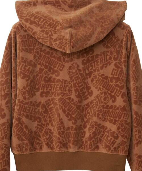 HYSTERIC GLAMOUR◆FLAME LOGO/ショート丈パーカー/FREE/ベロア/BLK/総柄/01243CF04 HYSTERIC GLAMOUR（ヒステリックグラマー）の「FLAME LOGO柄ジャ
