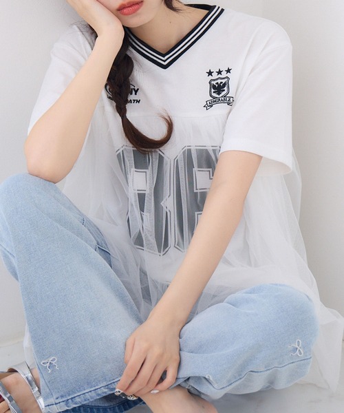 ems excite（エムズエキサイト）の「チュールユニフォームTEE（Tシャツ/カットソー・レディース・オフホワイト/ダークグリーン/ブラック・FREE）」の2枚目の写真