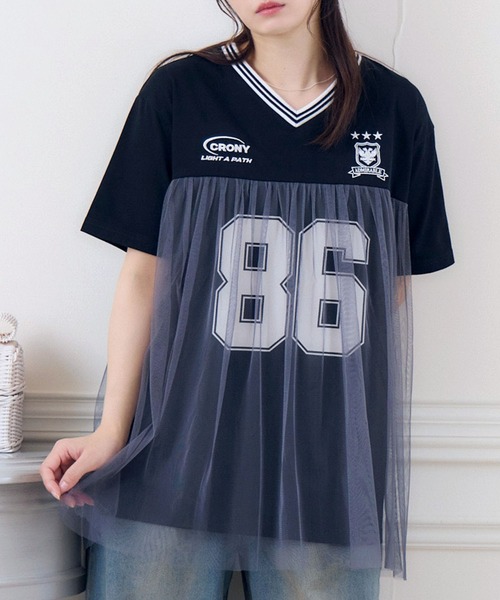 ems excite（エムズエキサイト）の「チュールユニフォームTEE（Tシャツ/カットソー・レディース・オフホワイト/ダークグリーン/ブラック・FREE）」の3枚目の写真