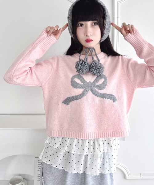 【ピンク】ジャカードニットメロウトップス セール】リボンジャガードニットトップス（ニット/セーター）｜Loueme
