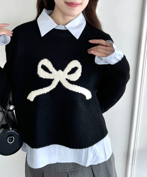 セール】リボンジャガードニットトップス（ニット/セーター）｜Loueme