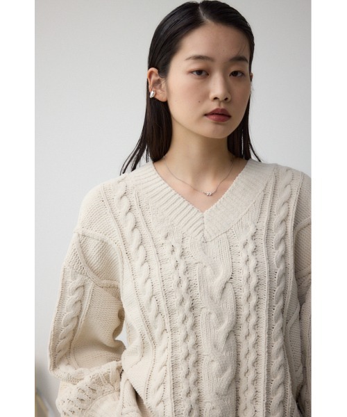 セール】シェニールケーブルVネックロングニットトップス（ニット