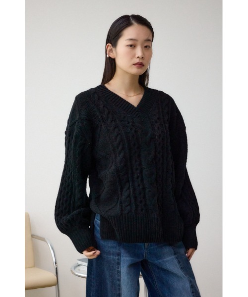 セール】シェニールケーブルVネックロングニットトップス（ニット