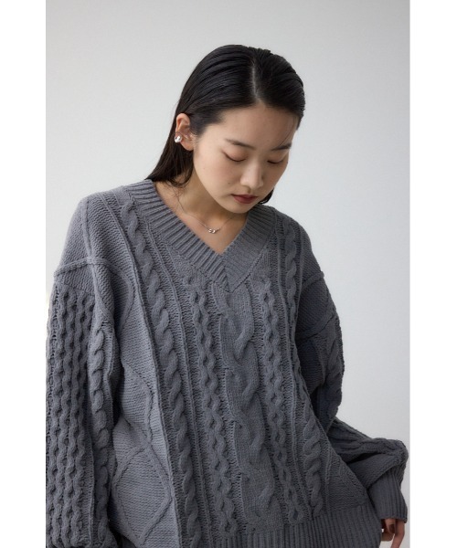 セール】シェニールケーブルVネックロングニットトップス（ニット