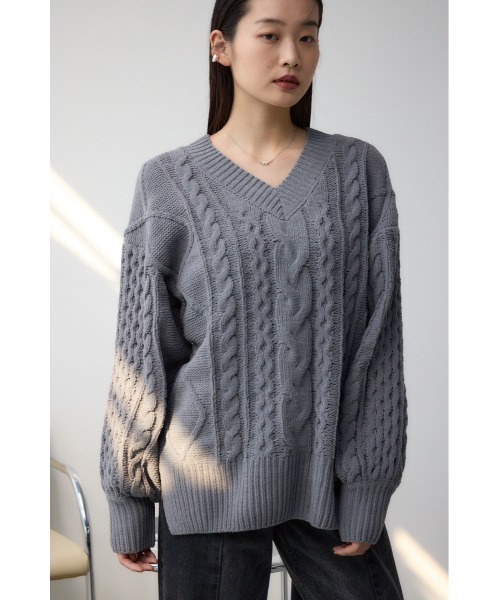 セール】シェニールケーブルVネックロングニットトップス（ニット