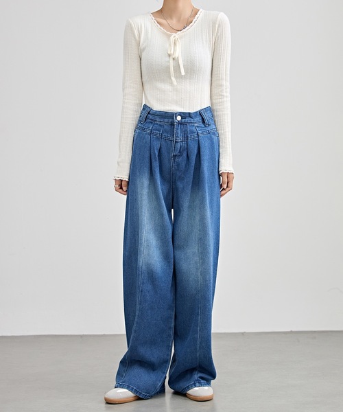セール】ハイウエスト タック ワイド デニム パンツ（デニム