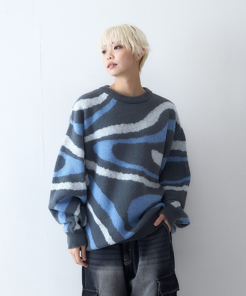 【セール】【OUTDOOR EXCHANGE/アウトドアエクスチェンジ】レトロ マーブル柄 クルーネック ニット（ニット/セーター）｜OUTDOOR EXCHANGE（アウトドアエクスチェンジ）