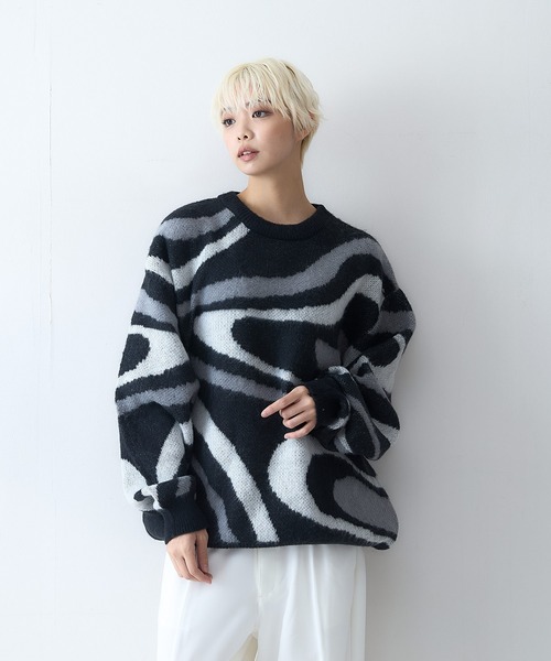 【セール】【OUTDOOR EXCHANGE/アウトドアエクスチェンジ】レトロ マーブル柄 クルーネック ニット（ニット/セーター）｜OUTDOOR EXCHANGE（アウトドアエクスチェンジ）