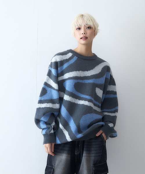 【セール】【OUTDOOR EXCHANGE/アウトドアエクスチェンジ】レトロ マーブル柄 クルーネック ニット（ニット/セーター）｜OUTDOOR EXCHANGE（アウトドアエクスチェンジ）