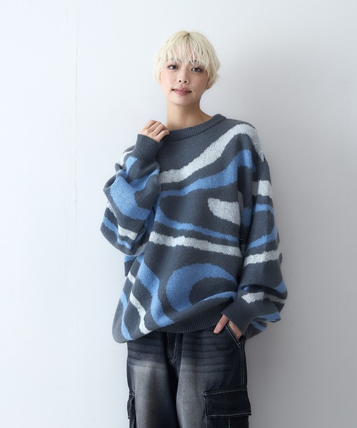 【セール】【OUTDOOR EXCHANGE/アウトドアエクスチェンジ】レトロ マーブル柄 クルーネック ニット（ニット/セーター）｜OUTDOOR EXCHANGE（アウトドアエクスチェンジ）