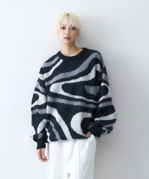 【セール】【OUTDOOR EXCHANGE/アウトドアエクスチェンジ】レトロ マーブル柄 クルーネック ニット（ニット/セーター）｜OUTDOOR EXCHANGE（アウトドアエクスチェンジ）