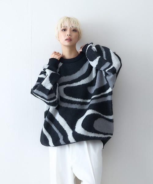 【セール】【OUTDOOR EXCHANGE/アウトドアエクスチェンジ】レトロ マーブル柄 クルーネック ニット（ニット/セーター）｜OUTDOOR EXCHANGE（アウトドアエクスチェンジ）