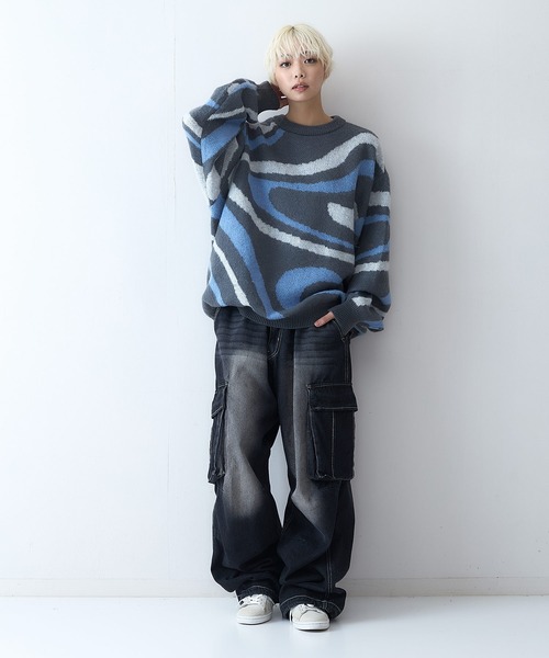 【セール】【OUTDOOR EXCHANGE/アウトドアエクスチェンジ】レトロ マーブル柄 クルーネック ニット（ニット/セーター）｜OUTDOOR EXCHANGE（アウトドアエクスチェンジ）