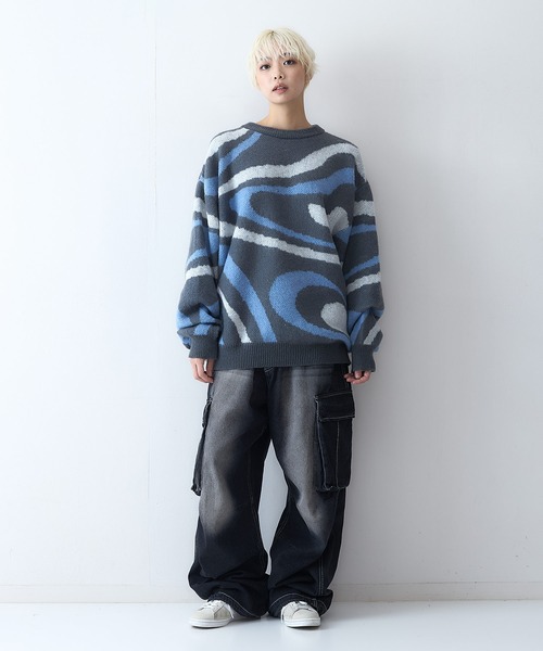 【セール】【OUTDOOR EXCHANGE/アウトドアエクスチェンジ】レトロ マーブル柄 クルーネック ニット（ニット/セーター）｜OUTDOOR EXCHANGE（アウトドアエクスチェンジ）
