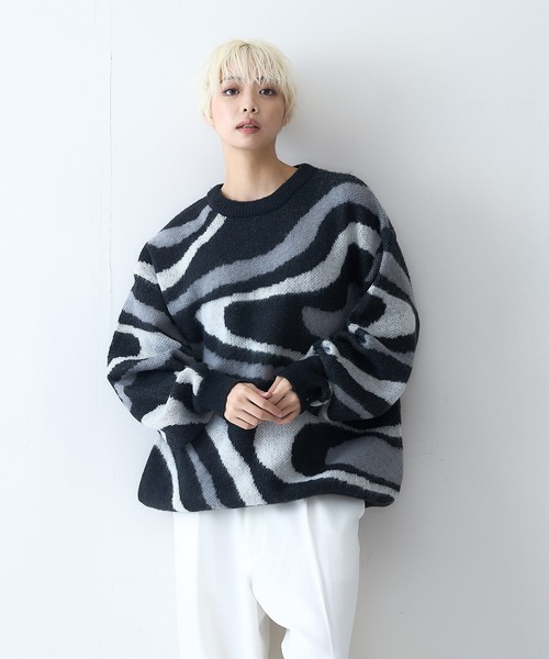 【セール】【OUTDOOR EXCHANGE/アウトドアエクスチェンジ】レトロ マーブル柄 クルーネック ニット（ニット/セーター）｜OUTDOOR EXCHANGE（アウトドアエクスチェンジ）