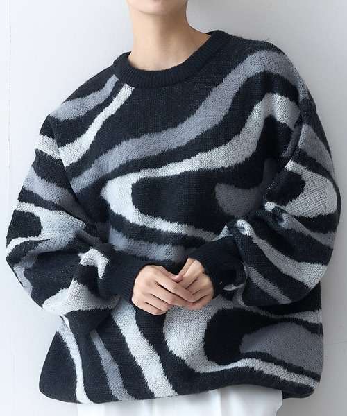 【セール】【OUTDOOR EXCHANGE/アウトドアエクスチェンジ】レトロ マーブル柄 クルーネック ニット（ニット/セーター）｜OUTDOOR EXCHANGE（アウトドアエクスチェンジ）