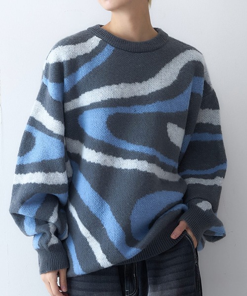 【セール】【OUTDOOR EXCHANGE/アウトドアエクスチェンジ】レトロ マーブル柄 クルーネック ニット（ニット/セーター）｜OUTDOOR EXCHANGE（アウトドアエクスチェンジ）