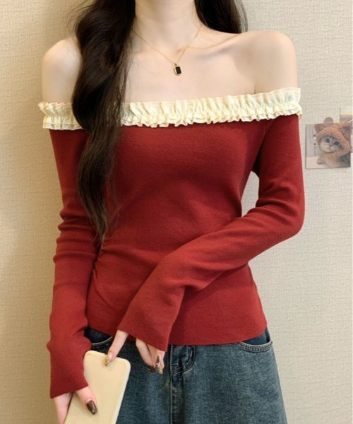 kirakiraShop(キラキラショップ)の「フリル ショルダー ショート ニット トップス(ニット/セーター・レディース・ブラウン/レッド/ベージュ/ブラック/ブラック系その他・FREE)」の5枚目の写真