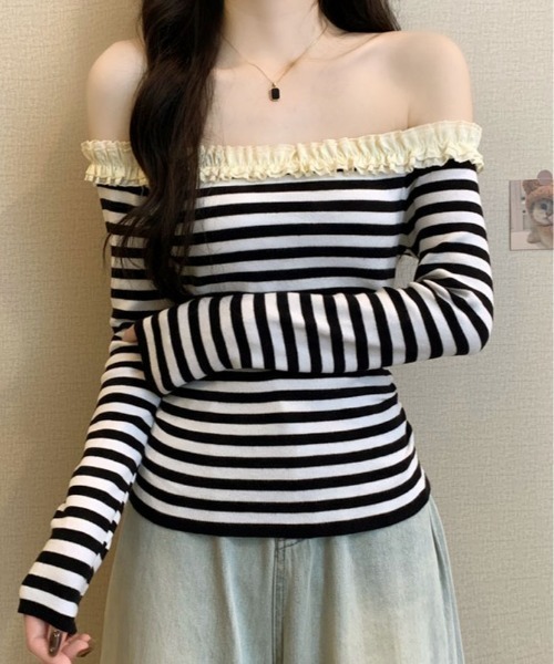 kirakiraShop(キラキラショップ)の「フリル ショルダー ショート ニット トップス(ニット/セーター・レディース・ブラウン/レッド/ベージュ/ブラック/ブラック系その他・FREE)」の6枚目の写真