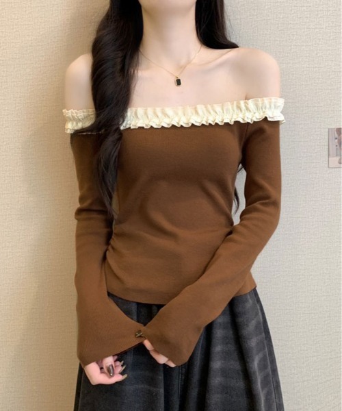 kirakiraShop(キラキラショップ)の「フリル ショルダー ショート ニット トップス(ニット/セーター・レディース・ブラウン/レッド/ベージュ/ブラック/ブラック系その他・FREE)」の8枚目の写真