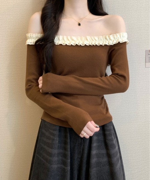 kirakiraShop(キラキラショップ)の「フリル ショルダー ショート ニット トップス(ニット/セーター・レディース・ブラウン/レッド/ベージュ/ブラック/ブラック系その他・FREE)」の9枚目の写真