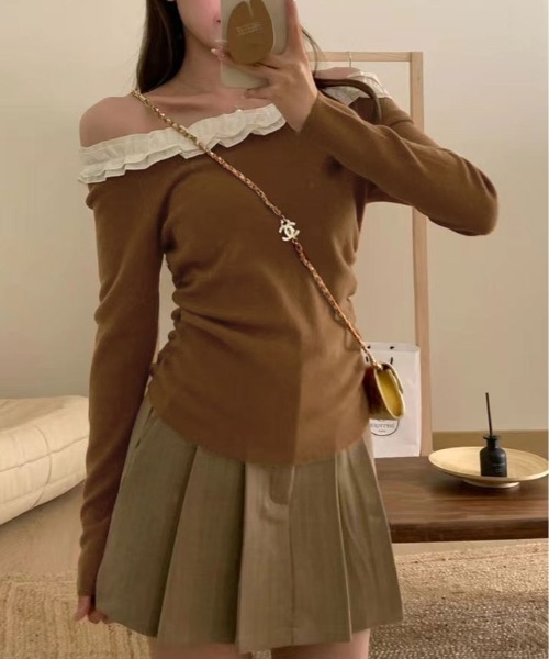 kirakiraShop(キラキラショップ)の「フリル ショルダー ショート ニット トップス(ニット/セーター・レディース・ブラウン/レッド/ベージュ/ブラック/ブラック系その他・FREE)」の12枚目の写真