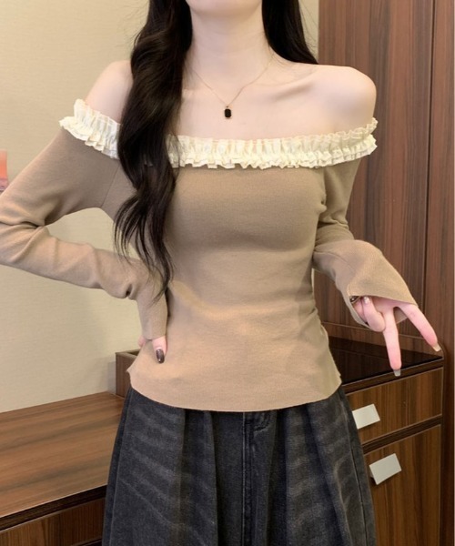 kirakiraShop(キラキラショップ)の「フリル ショルダー ショート ニット トップス(ニット/セーター・レディース・ブラウン/レッド/ベージュ/ブラック/ブラック系その他・FREE)」の14枚目の写真