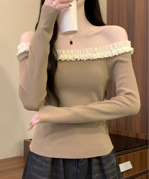 kirakiraShop(キラキラショップ)の「フリル ショルダー ショート ニット トップス(ニット/セーター・レディース・ブラウン/レッド/ベージュ/ブラック/ブラック系その他・FREE)」の15枚目の写真