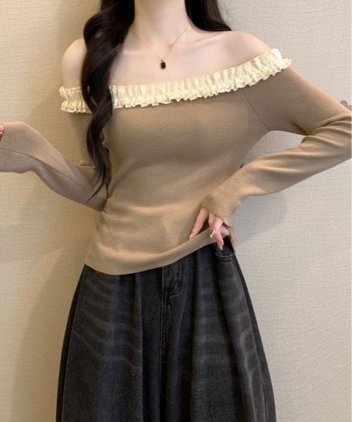 kirakiraShop(キラキラショップ)の「フリル ショルダー ショート ニット トップス(ニット/セーター・レディース・ブラウン/レッド/ベージュ/ブラック/ブラック系その他・FREE)」の16枚目の写真