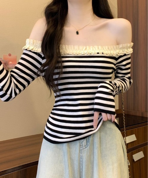 kirakiraShop(キラキラショップ)の「フリル ショルダー ショート ニット トップス(ニット/セーター・レディース・ブラウン/レッド/ベージュ/ブラック/ブラック系その他・FREE)」の7枚目の写真