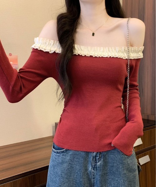kirakiraShop(キラキラショップ)の「フリル ショルダー ショート ニット トップス(ニット/セーター・レディース・ブラウン/レッド/ベージュ/ブラック/ブラック系その他・FREE)」の21枚目の写真