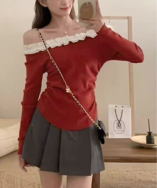 kirakiraShop(キラキラショップ)の「フリル ショルダー ショート ニット トップス(ニット/セーター・レディース・ブラウン/レッド/ベージュ/ブラック/ブラック系その他・FREE)」の22枚目の写真