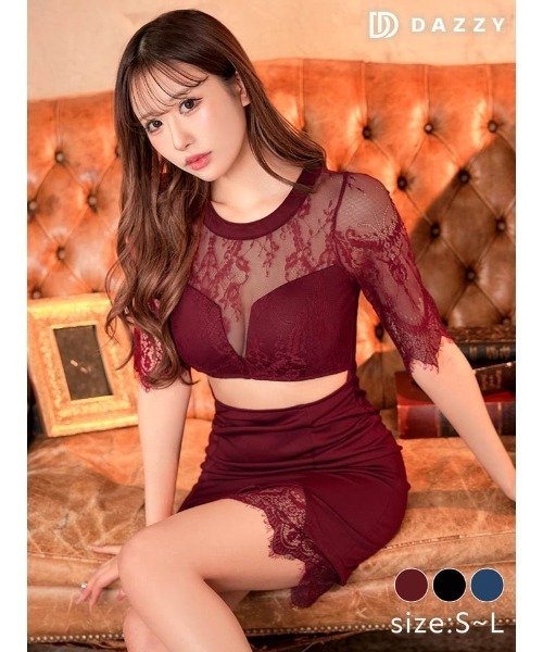 ウエストカット シアー フラワーレース 五分袖 タイト ミニドレス(ドレス)|DAZZY(デイジー) ウエストカット シアー フラワーレース 五分袖 タイト ミニドレス(ドレス)|DAZZY(デイジー)