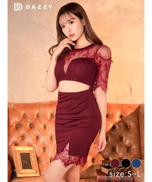 ウエストカット シアー フラワーレース 五分袖 タイト ミニドレス(ドレス)|DAZZY(デイジー) ウエストカット シアー フラワーレース 五分袖 タイト ミニドレス(ドレス)|DAZZY(デイジー)