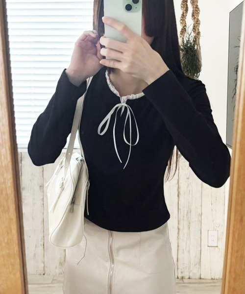 Kuroba(クロバ)の「レイヤード風フリルリボン使いトップス(Tシャツ/カットソー・レディース・ブラック/ネイビー/ホワイト・S/M/L)」の13枚目の写真