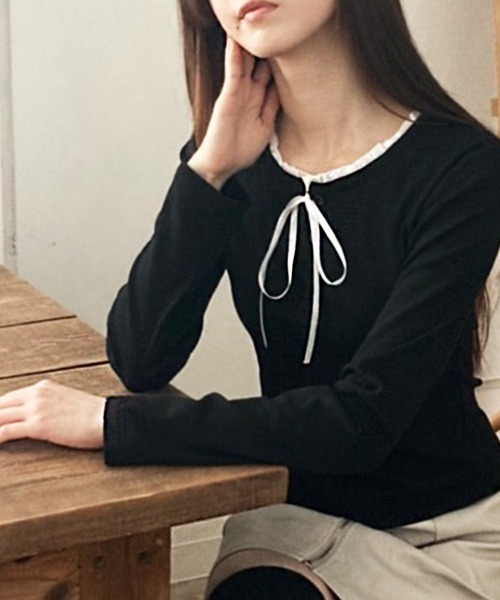 Kuroba(クロバ)の「レイヤード風フリルリボン使いトップス(Tシャツ/カットソー・レディース・ブラック/ネイビー/ホワイト・S/M/L)」の14枚目の写真