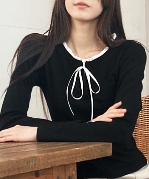 セール】レイヤード風フリルリボン使いトップス（Tシャツ/カットソー