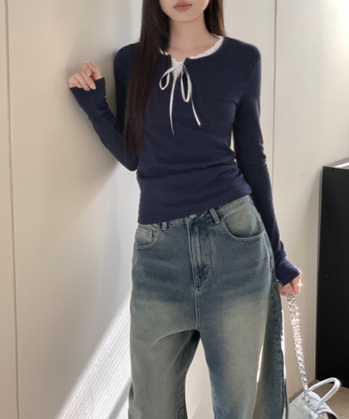 Kuroba(クロバ)の「レイヤード風フリルリボン使いトップス(Tシャツ/カットソー・レディース・ブラック/ネイビー/ホワイト・S/M/L)」の20枚目の写真