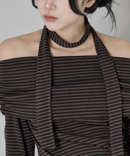 tシャツ ストライプオフショルダー＆スカーフマフラーネクタイSET レディース セール】ストライプオフショルダー＆スカーフマフラーネクタイ