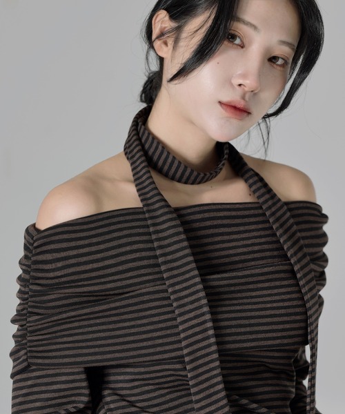 tシャツ ストライプオフショルダー＆スカーフマフラーネクタイSET レディース セール】ストライプオフショルダー＆スカーフマフラーネクタイ