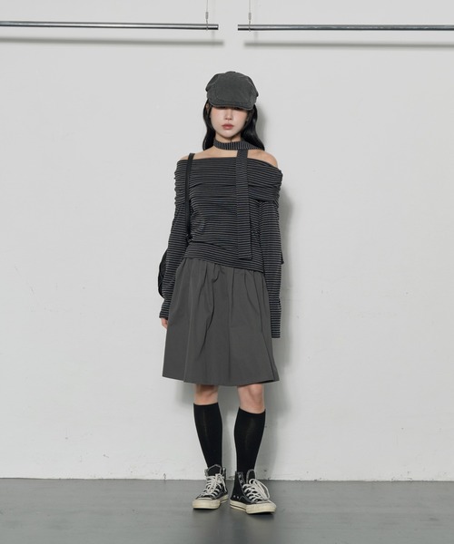 FOLLOWIN（フォロウィン）の「ストライプオフショルダー＆スカーフマフラーネクタイSET（Tシャツ/カットソー・レディース・ブラウン/ブラック・FREE）」の8枚目の写真