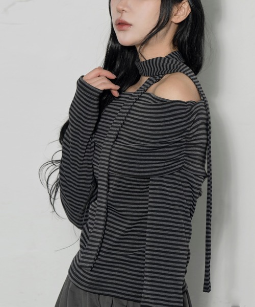 tシャツ ストライプオフショルダー＆スカーフマフラーネクタイSET レディース セール】ストライプオフショルダー＆スカーフマフラーネクタイ